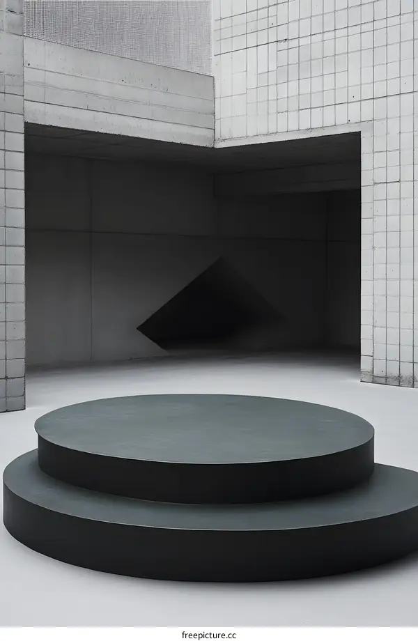 Minimalist Concrete Room with Black Circular Platform