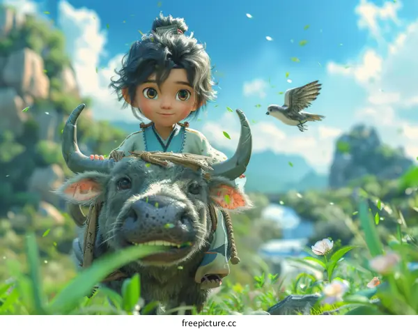 An animated boy rides on a big grey buffalo in the jungle