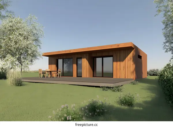 Modern Wooden House with Large Windows and Patio