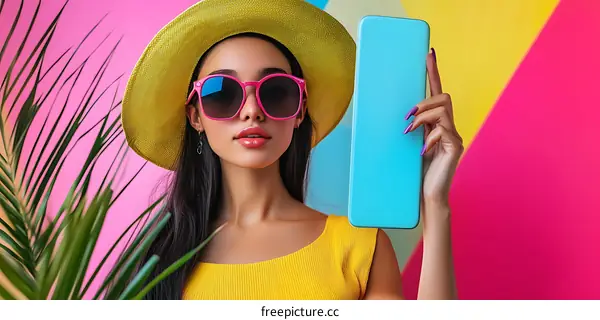Woman in Yellow Dress Holding a Blue Tablet with Tropical Plants in Background