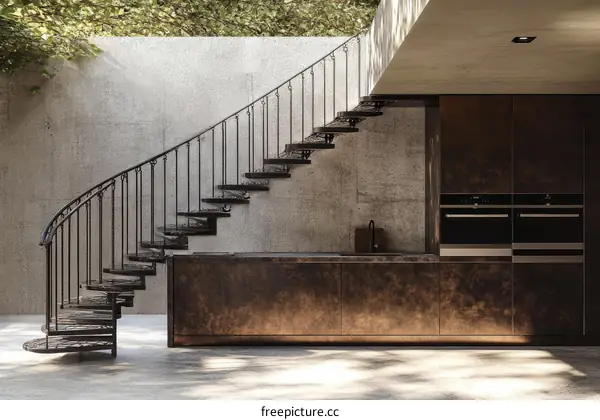 Modern Industrial Spiral Staircase Kitchen Design