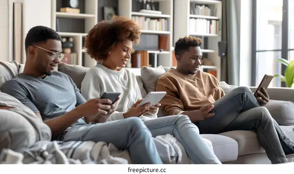 Three Friends Sitting on a Sofa Using Their Phones