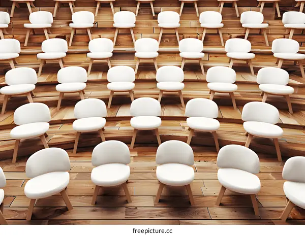 Empty White Chairs Arranged In A Circular Pattern On Wooden Floor