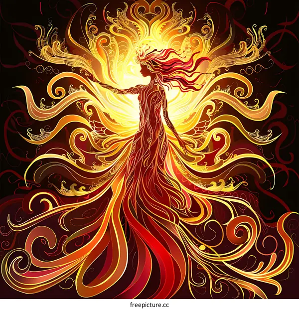 Fire Woman Illustration with Golden and Red Swirls