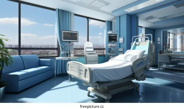 Patient room interior with furniture and medical equipment