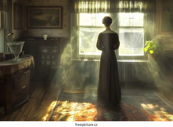 Lady in period dress standing by a window