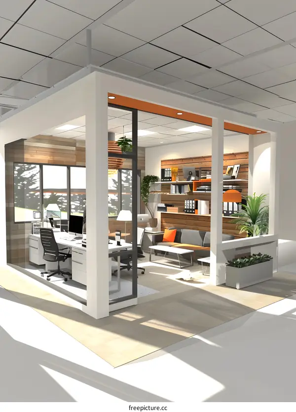 3d rendering of a modern office interior with glass walls and a बैठक area