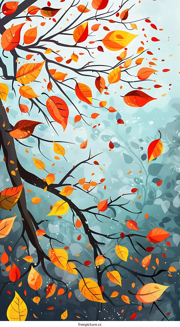 Autumn Leaves Falling From Branch