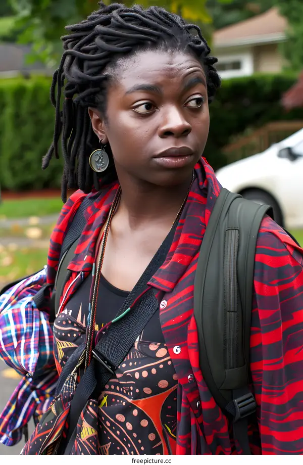 Black Woman with Dreadlocks Wearing a Red and Black Plaid Shirt