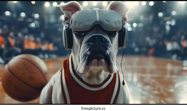 Bulldog Wearing VR Headset and Headphones on Basketball Court