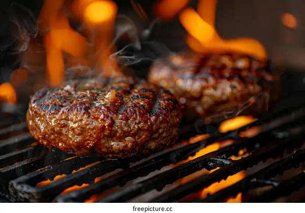 Two juicy beef patties sizzling on a hot grill