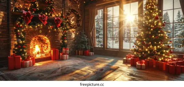 Cozy Christmas Living Room with Fireplace, Christmas Tree, and Gifts