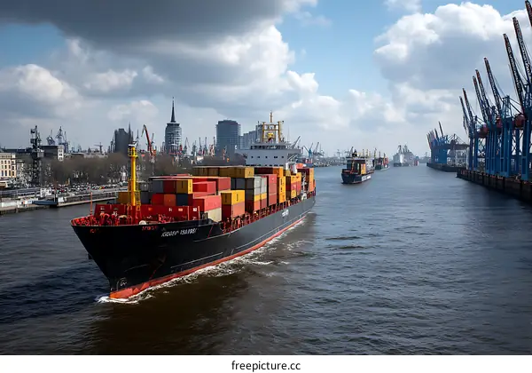 Container Ship Sailing Through Port Cityscape