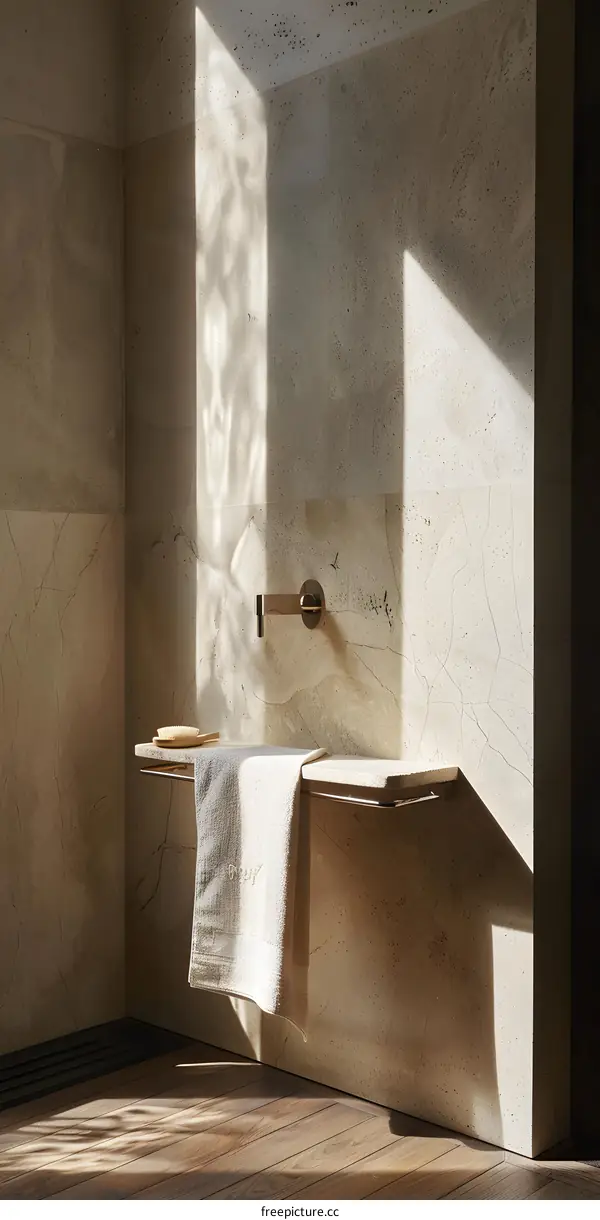 Minimalist Bathroom Design with Natural Light and Stone Wall