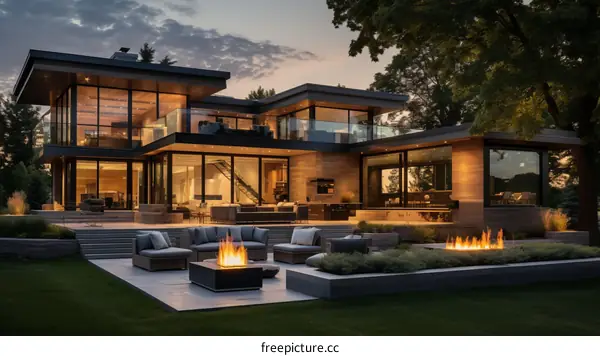 Modern luxury house exterior with pool and fire pit