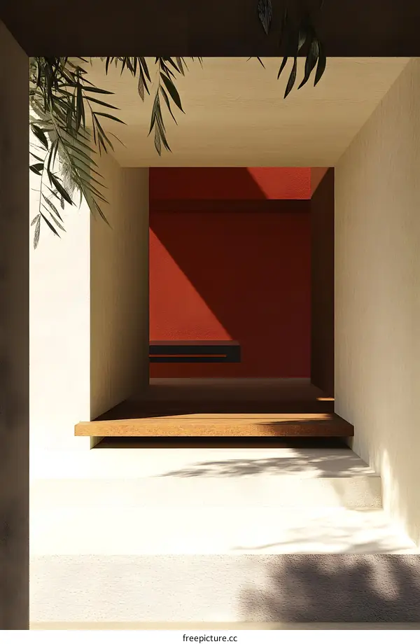 Minimalist Interior Design with Red Wall and Wooden Platform