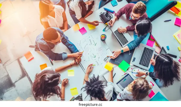 A group of multiethnic young people working together on a project in a creative office space