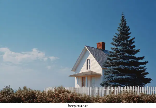 White House with Blue Spruce Tree and Fence