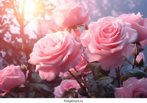 Blossoming Pink Roses in the Garden