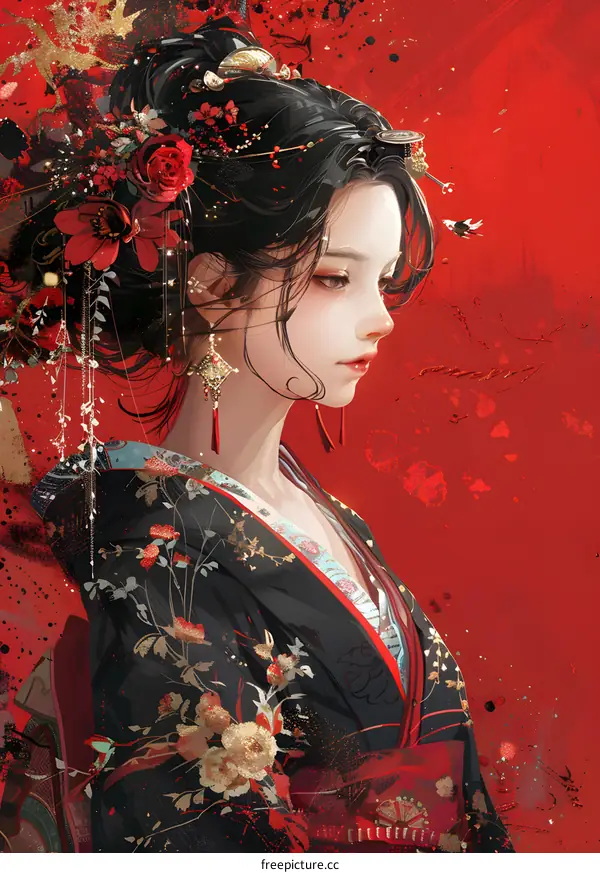 A woman in a red kimono with a red flower in her hair.