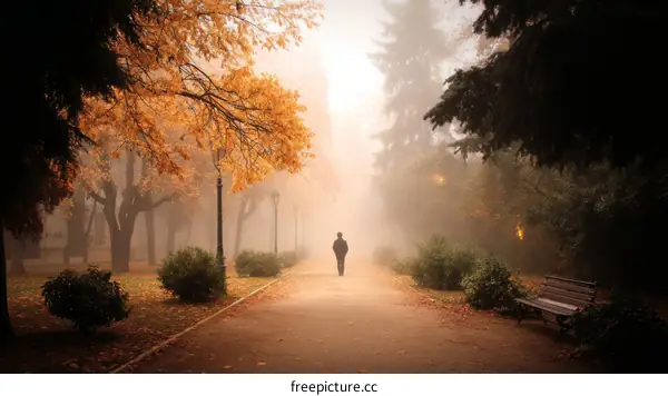 Autumn Foggy Park Path with Person