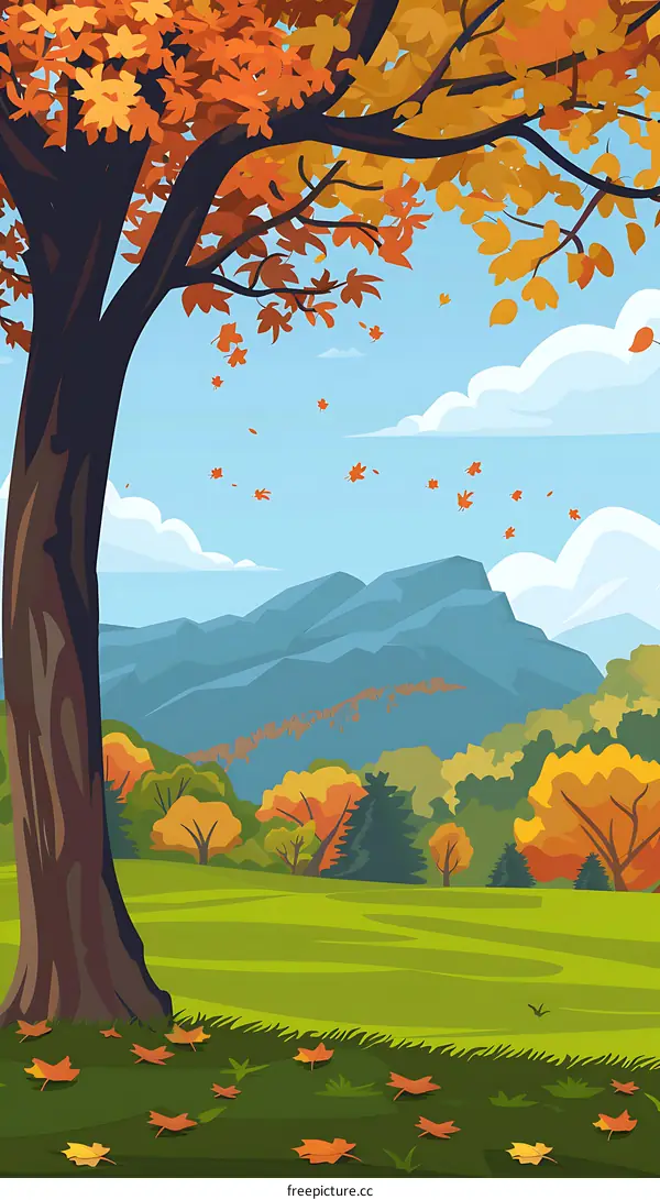 Autumn Landscape with Mountains and Falling Leaves