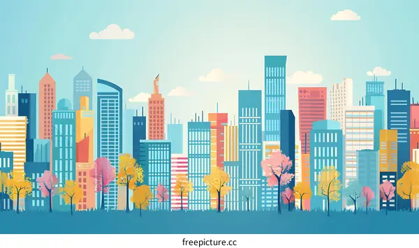 Modern Cityscape Illustration with Colorful Buildings and Trees