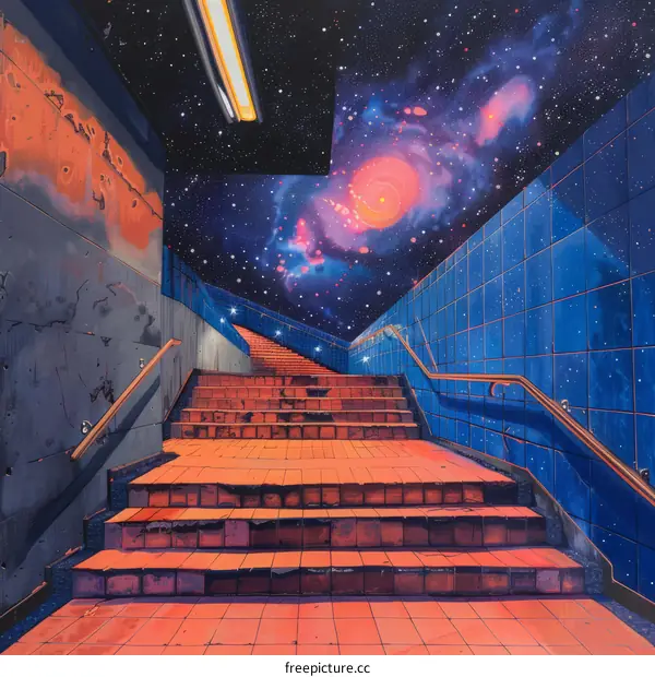 A staircase leads up to a starry night sky