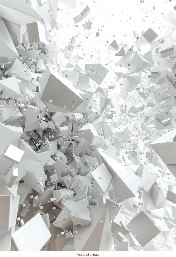 White geometric shapes explosion on white background