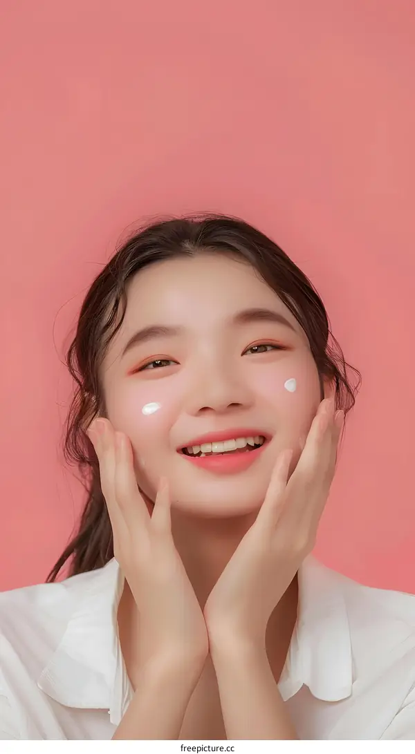 Smiling Asian Woman Applying Facial Cream On Pink Background