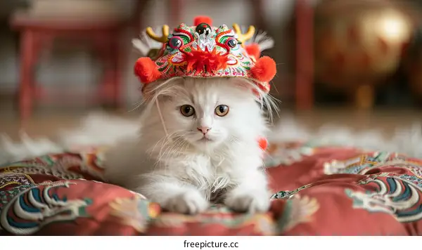 A white cat wearing a traditional Chinese dragon hat.
