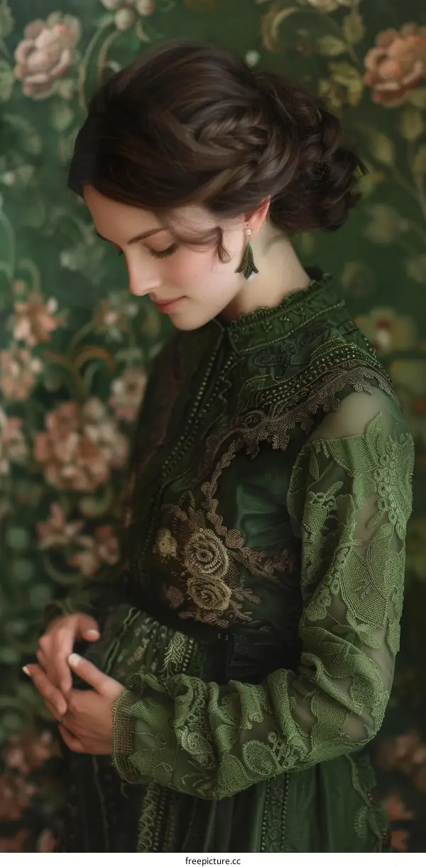 Vintage Pregnant Woman in Emerald Green Lace Dress