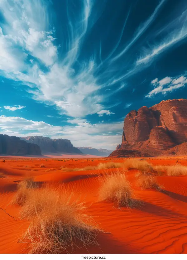 Stunning red sand desert landscape with large rock formations under a blue sky with white clouds