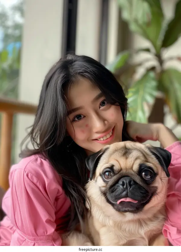 A young woman with long black hair is smiling and hugging a pug dog.