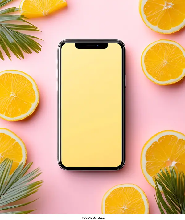 Modern Smartphone Mockup With Palm Leaves And Orange Slices On Pink Background