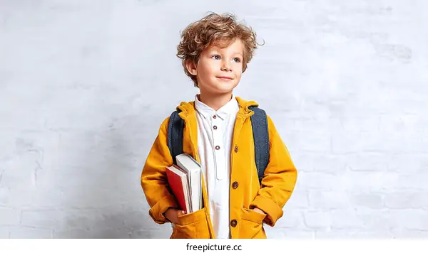 Smiling Boy Carrying Books Ready for School