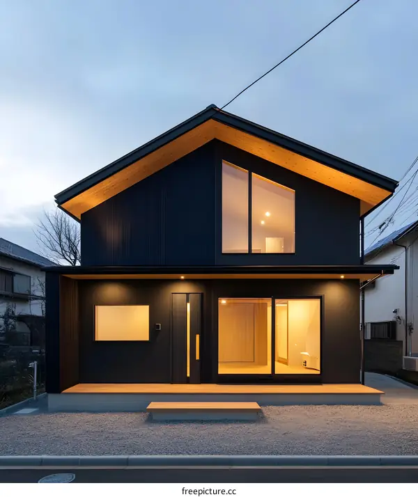Modern Black House with Wooden Accents and Large Windows