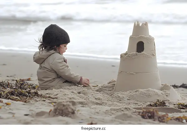 Little Girl Building a Sandcastle on the Beach