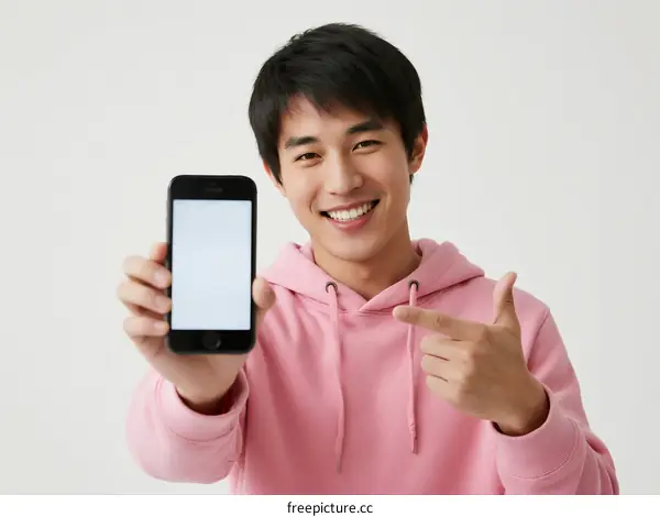 Young man showing a smartphone with a blank screen