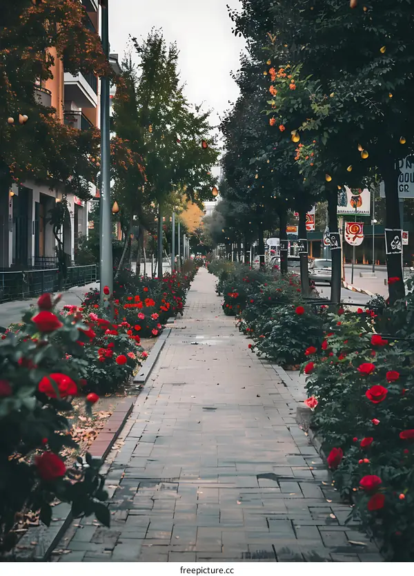 Paved Sidewalk Lined with Red Roses in a City