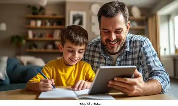 Father and Son Engaging in Educational Activities at Home