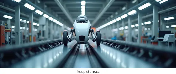 White Autonomous Robot On Conveyor Belt In Factory