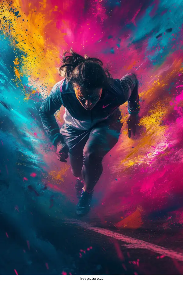 Colorful Powder Explosion with a Running Woman