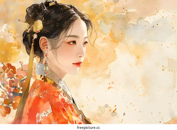 An illustration of a beautiful woman in a traditional Chinese dress with a red and orange background.
