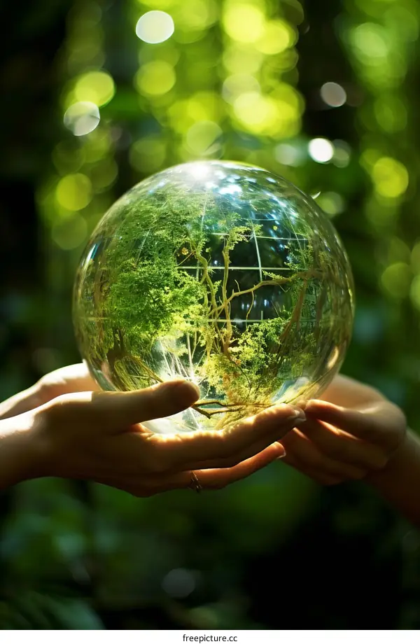 Hands Holding Glass Ball with Forest Scene Inside