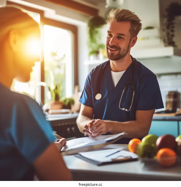 Nutritionist explaining diet plan to patient in kitchen