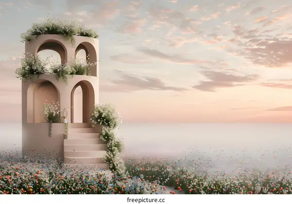 Stone Archway Structure In Field of Flowers With Sunset Sky