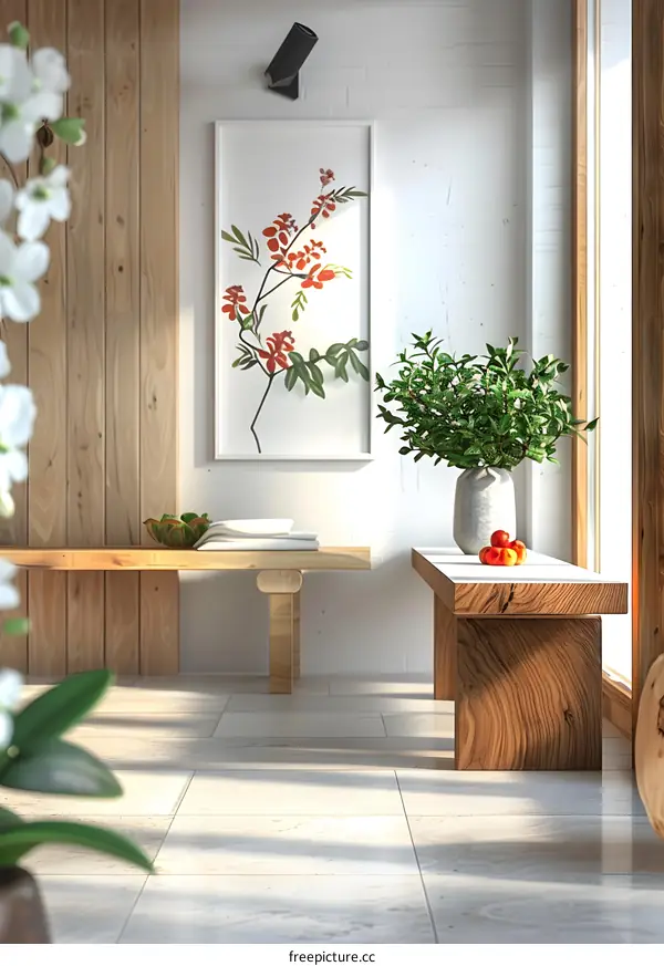 Minimalist Interior Design With Wooden Bench And Artwork