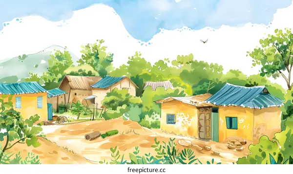 Watercolor Painting of Village Houses Surrounded by Green Trees