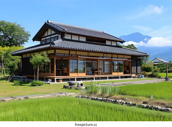 A traditional Japanese house with a view of Mount Fuji